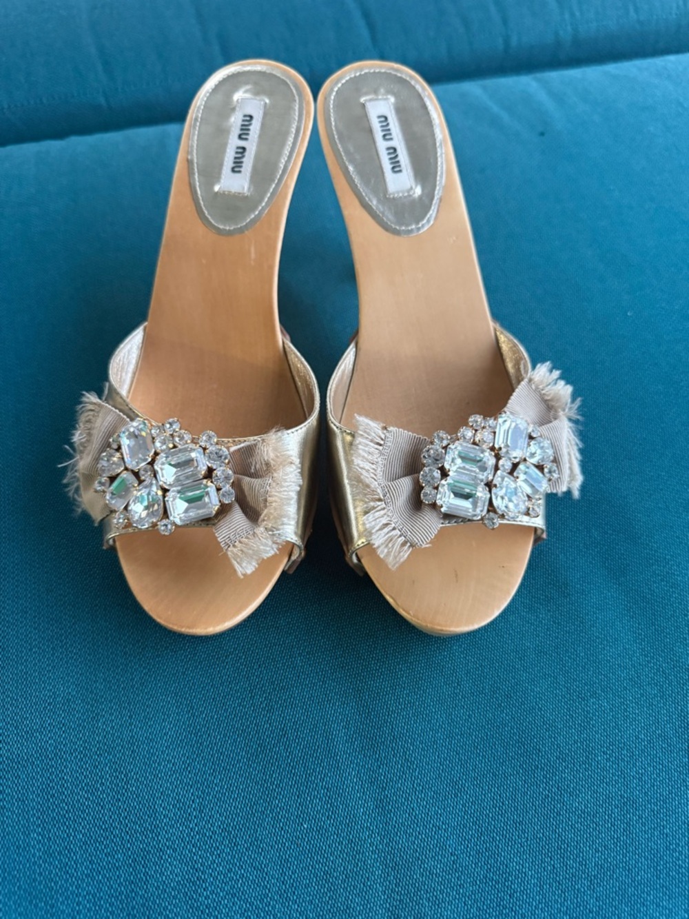 Miu miu wood clogs Slide Mules with Frayed Ribbon